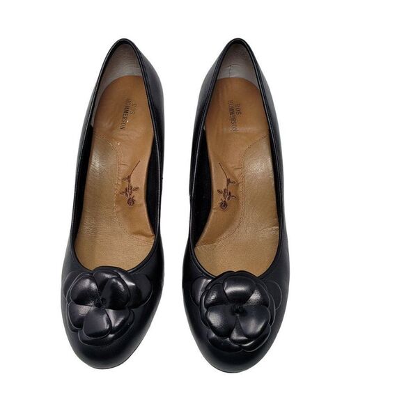 Ross Hommerson Black Leather Pumps 11W Slip On 3D Flower Heels Grannycore - Picture 2 of 11